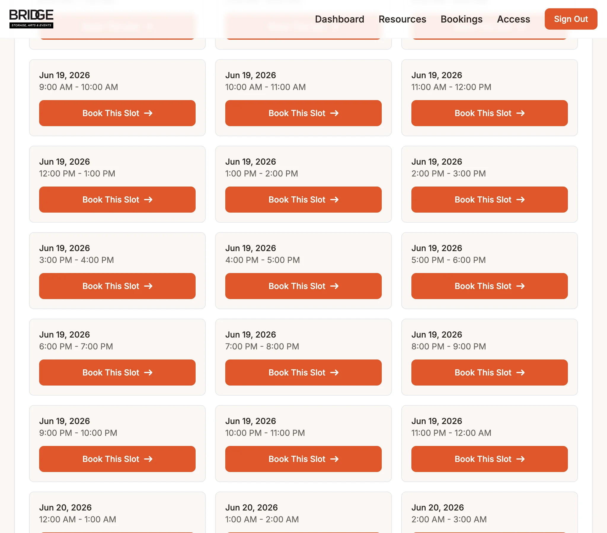 Real screenshot of the Kitchen time-slot grid in the Bridge member portal, showing available booking windows with orange Book This Slot buttons