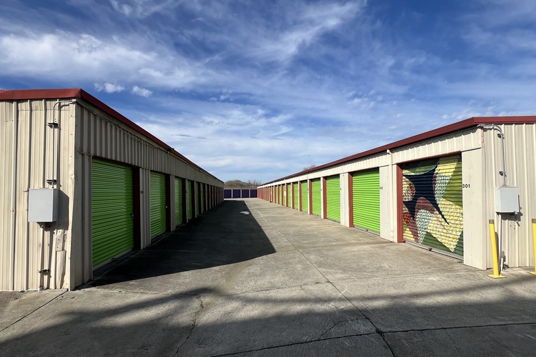 Storage units with colorful mural doors