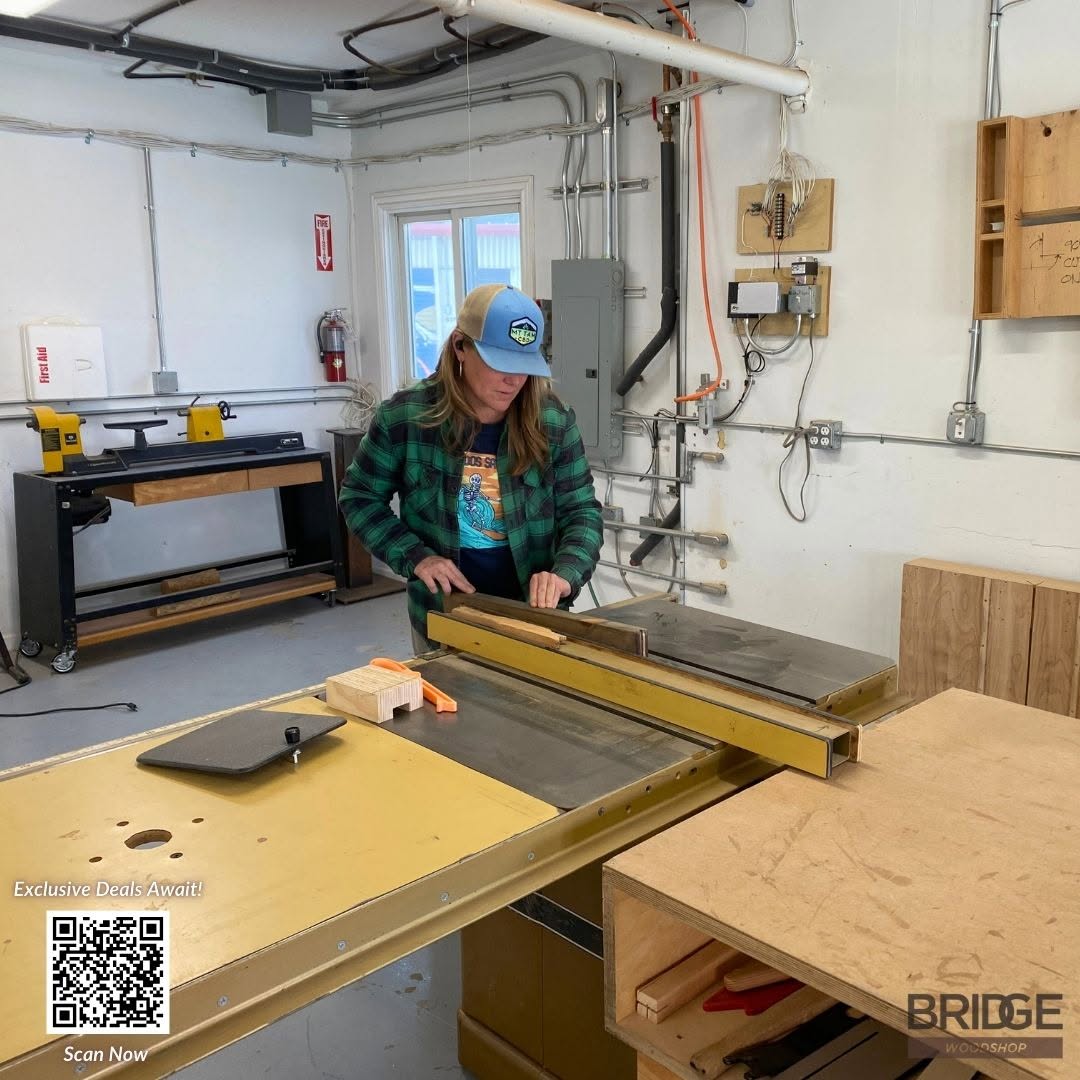 Woodshop with table saw and tools